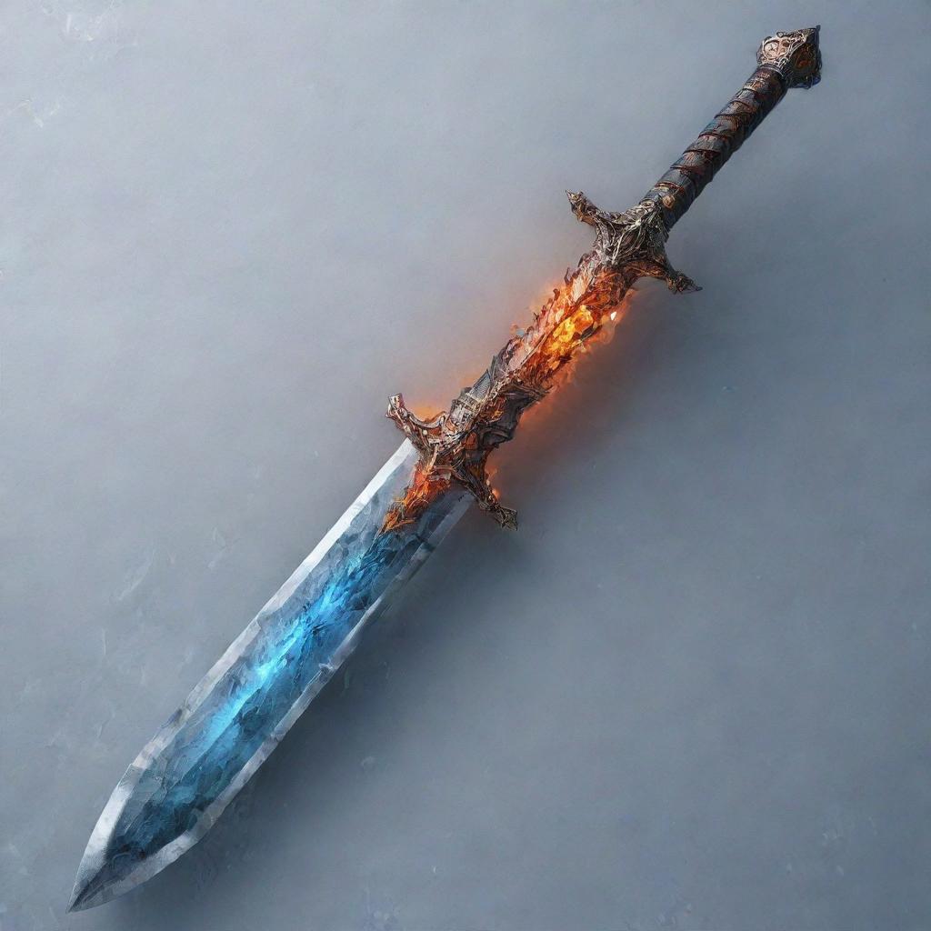 A magnificent sword, with one side aflame with fiery intensity and the other side coated in frosty ice.