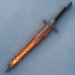 A magnificent sword, with one side aflame with fiery intensity and the other side coated in frosty ice.