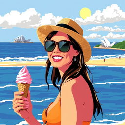 MS-DOS art style depicting an Australian woman at Bondi Beach