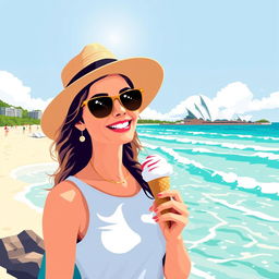 MS-DOS art style depicting an Australian woman at Bondi Beach