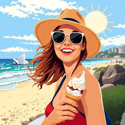 MS-DOS art style depicting an Australian woman at Bondi Beach