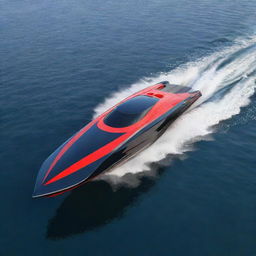 A modern and resilient off-shore speed boat concept, incorporating the distinctive design elements, vibrant colors, and iconic logo of a Mitsubishi sports car