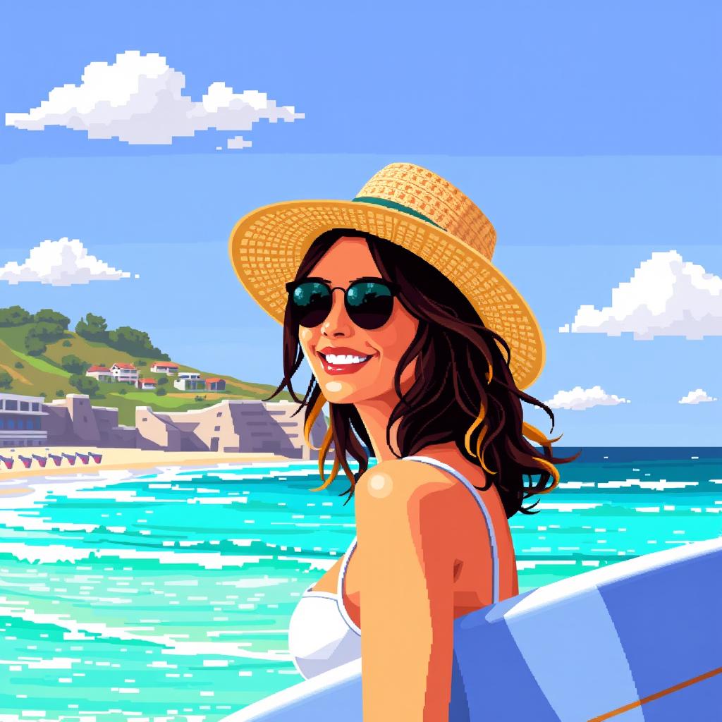 Pixel art style rendering of an Australian woman at Bondi Beach