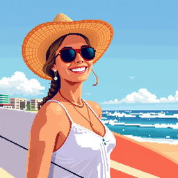 Pixel art style rendering of an Australian woman at Bondi Beach