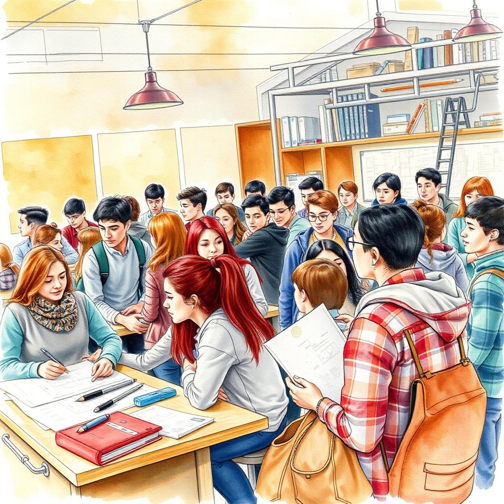 A watercolor painting depicting engineering students as they start their class in September