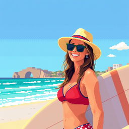 Pixel art style rendering of an Australian woman at Bondi Beach