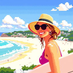 Pixel art style rendering of an Australian woman at Bondi Beach