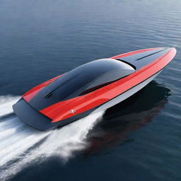 A modern and resilient off-shore speed boat concept, incorporating the distinctive design elements, vibrant colors, and iconic logo of a Mitsubishi sports car