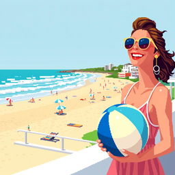 Non-isometric pixel art style image of an Australian woman at Bondi Beach