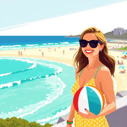 Non-isometric pixel art style image of an Australian woman at Bondi Beach