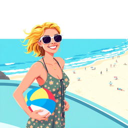 Non-isometric pixel art style image of an Australian woman at Bondi Beach