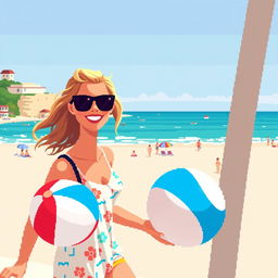 Non-isometric pixel art style image of an Australian woman at Bondi Beach