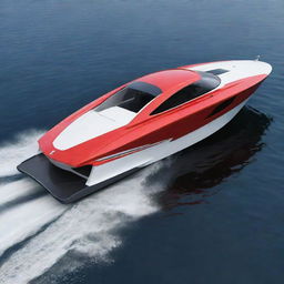 A modern and resilient off-shore speed boat concept, incorporating the distinctive design elements, vibrant colors, and iconic logo of a Mitsubishi sports car