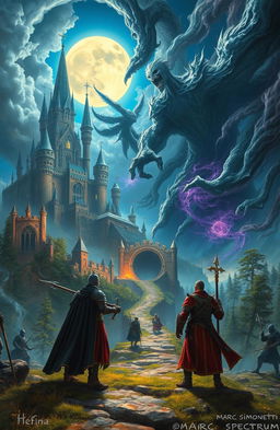 An epic fantasy scene in the style of Marc Simonetti, depicting a mystical medieval universe with two dimensions: the vibrant living world and the ethereal Hefina Spectrum, the realm of the dead