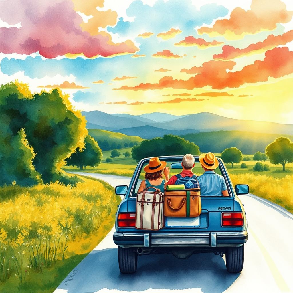 A watercolor painting capturing a family returning home from summer holidays by car