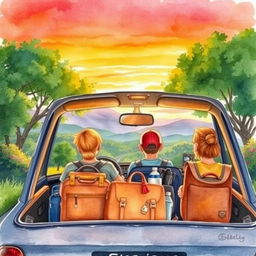 A watercolor painting capturing a family returning home from summer holidays by car