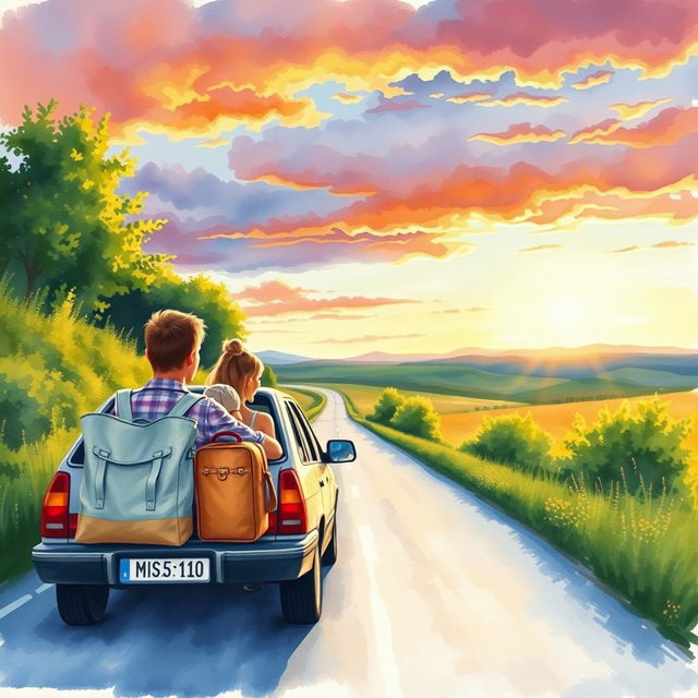 A watercolor painting capturing a family returning home from summer holidays by car