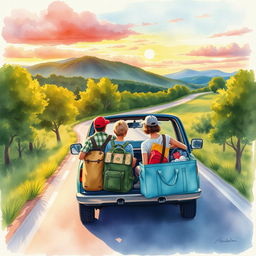 A watercolor painting capturing a family returning home from summer holidays by car