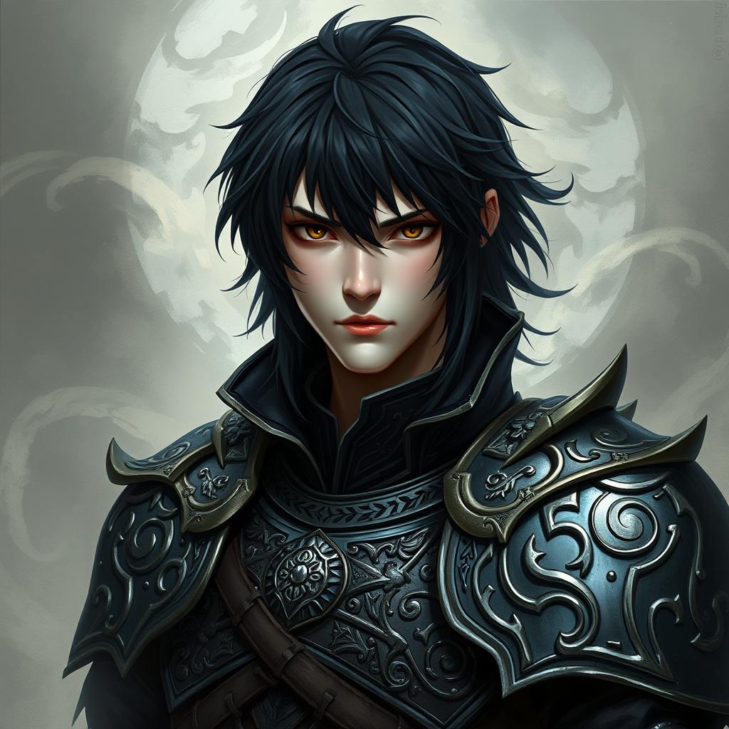 portrait of a mystical warrior with intricate, elaborate armor, featuring black half-length hair and a serious expression on their face