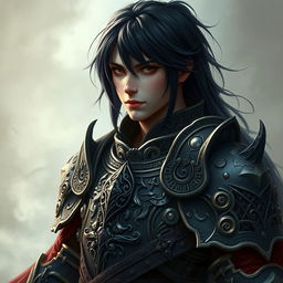 portrait of a mystical warrior with intricate, elaborate armor, featuring black half-length hair and a serious expression on their face