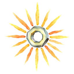 A watercolor painting depicting a sun creatively formed from a screw nut