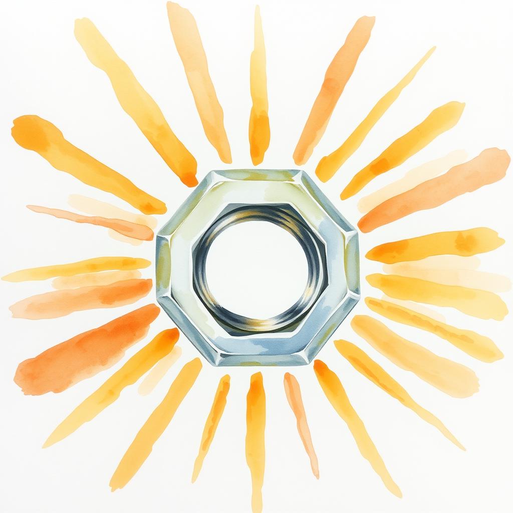 A watercolor painting depicting a sun creatively formed from a screw nut