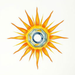 A watercolor painting depicting a sun creatively formed from a screw nut