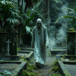 A headless ghost wandering through an Indonesian cemetery, evoking eerie horror vibes