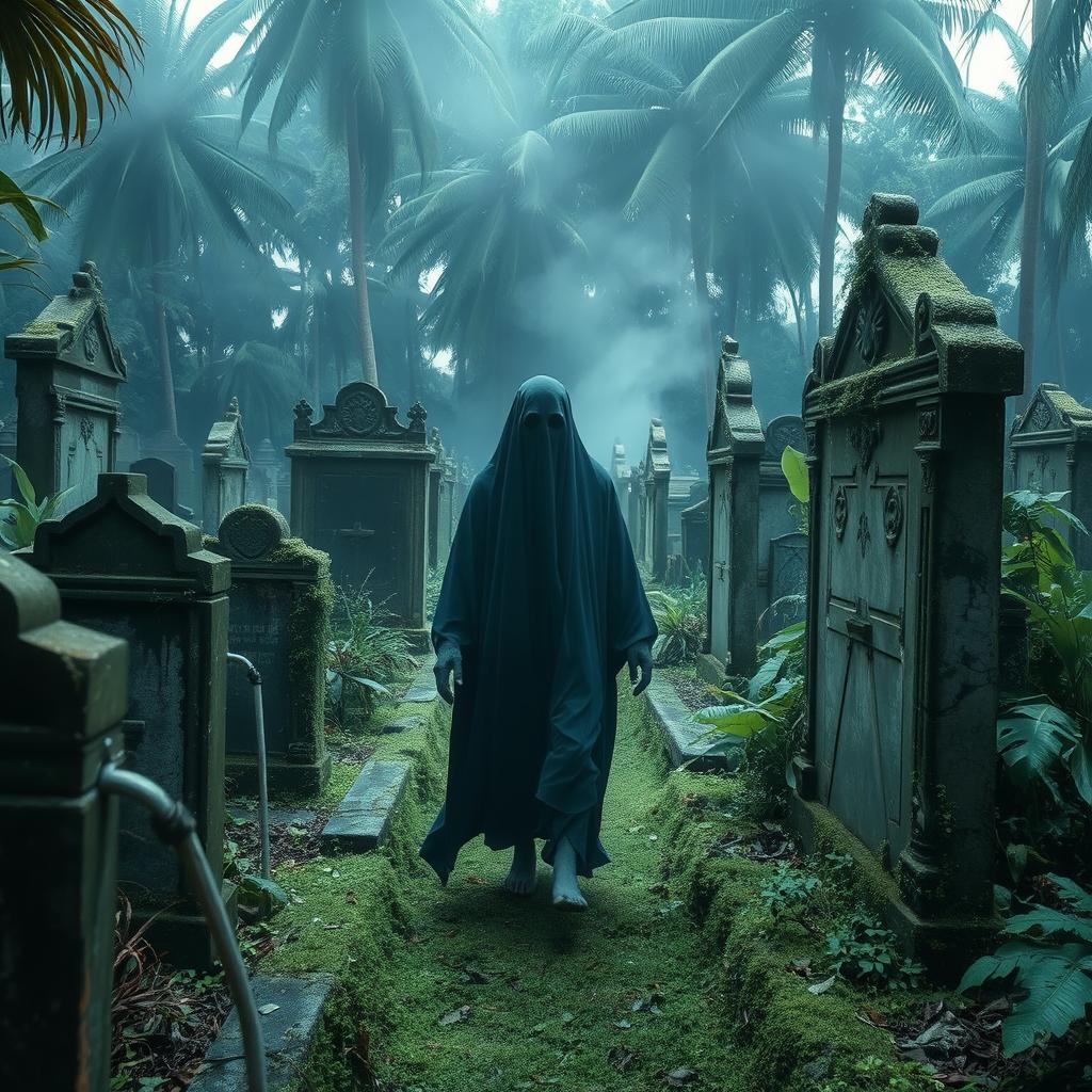 A headless ghost wandering through an Indonesian cemetery, evoking eerie horror vibes