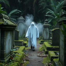 A headless ghost wandering through an Indonesian cemetery, evoking eerie horror vibes