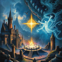 A fantasy series cover illustrating a universe with two dimensions: the living world and the Hefina Spectrum, the realm of the dead