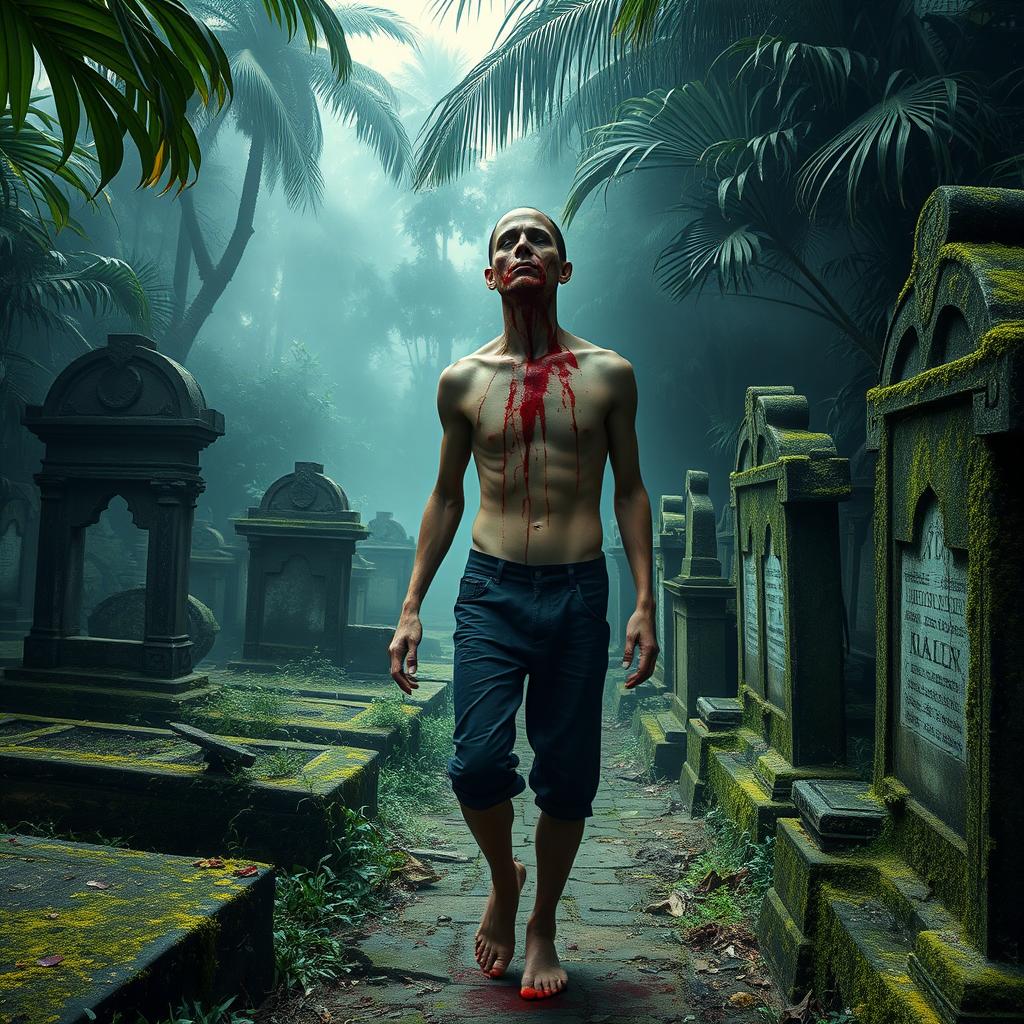 A headless human figure walking through an Indonesian cemetery, exuding intense horror vibes