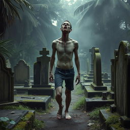 A headless human figure walking through an Indonesian cemetery, exuding intense horror vibes