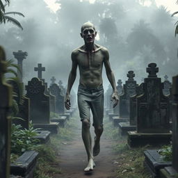 A headless human figure walking through an Indonesian cemetery, exuding intense horror vibes