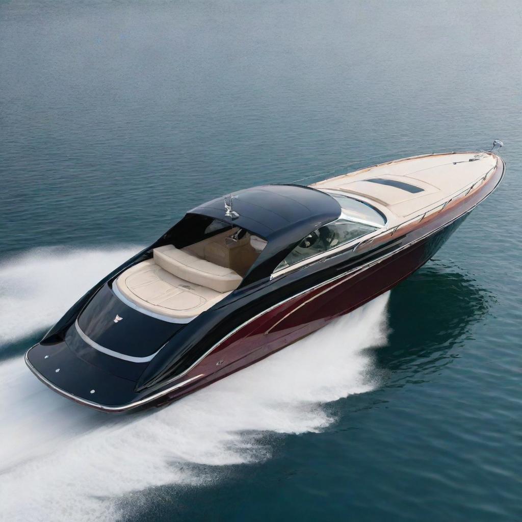 A luxurious and elegant speed boat design that incorporates the distinguished design features, signature colors, and iconic badges of a Cadillac car