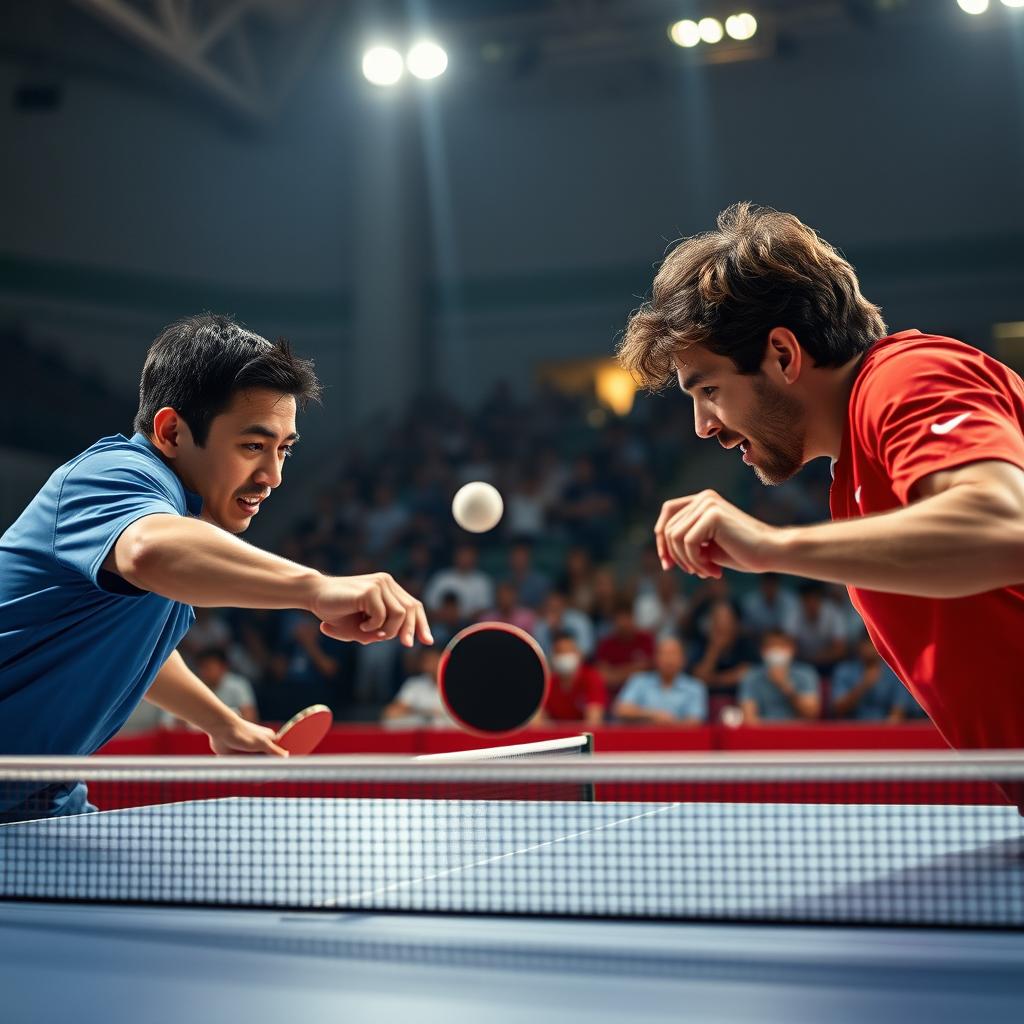 An intense table tennis match between two seasoned players