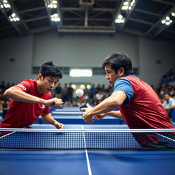 An intense table tennis match between two seasoned players