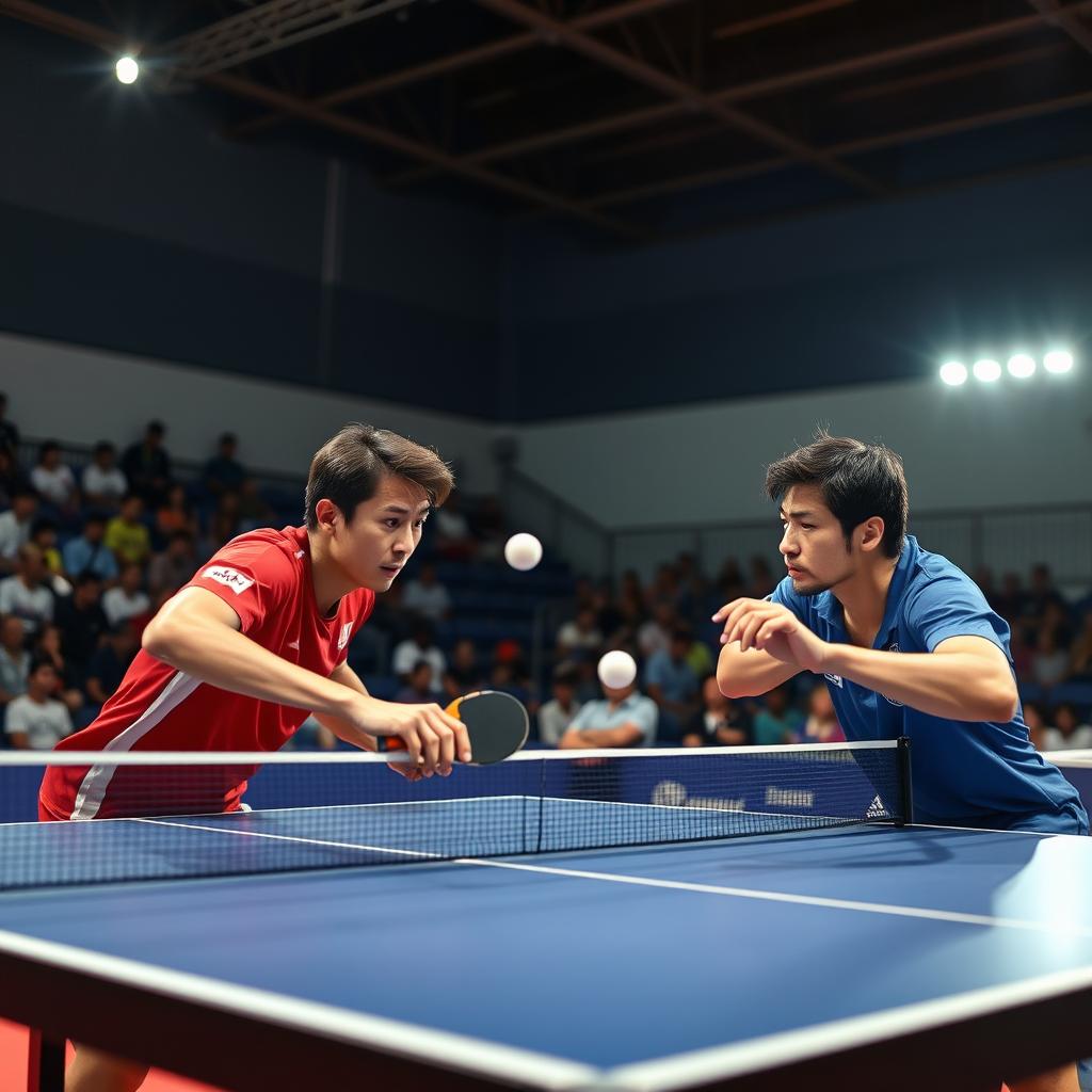 An intense table tennis match between two seasoned players