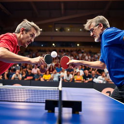 An intense table tennis match between two seasoned players