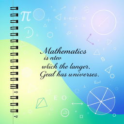 A vibrant and educational cover for a mathematics notebook featuring mathematical symbols and equations such as pi (π), integral sign (∫), and E=mc^2