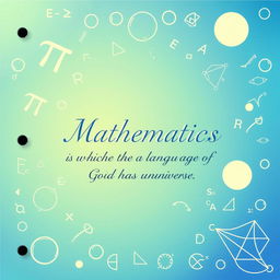 A vibrant and educational cover for a mathematics notebook featuring mathematical symbols and equations such as pi (π), integral sign (∫), and E=mc^2