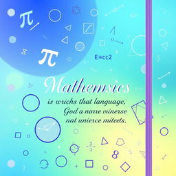 A vibrant and educational cover for a mathematics notebook featuring mathematical symbols and equations such as pi (π), integral sign (∫), and E=mc^2