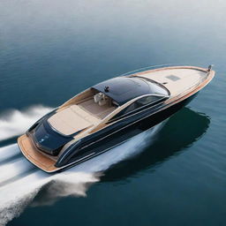 A luxurious and elegant speed boat design that incorporates the distinguished design features, signature colors, and iconic badges of a Cadillac car