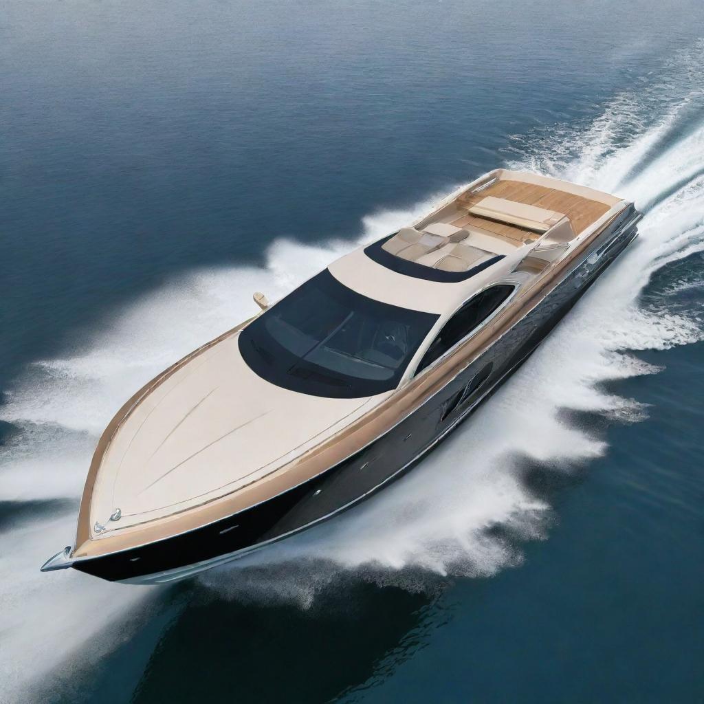 A luxurious and elegant speed boat design that incorporates the distinguished design features, signature colors, and iconic badges of a Cadillac car