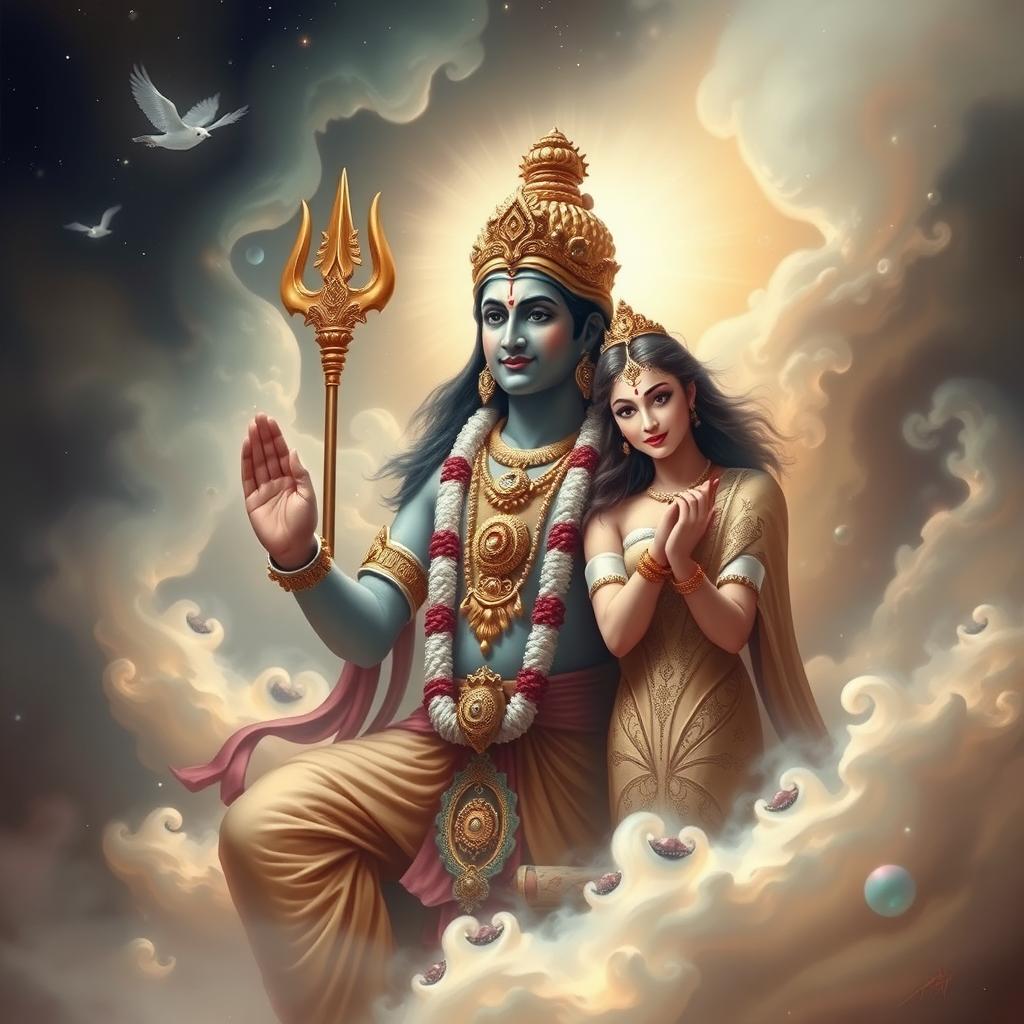 A depiction of a Hindu god in a mystical and divine setting, featuring ethereal surroundings with a celestial atmosphere