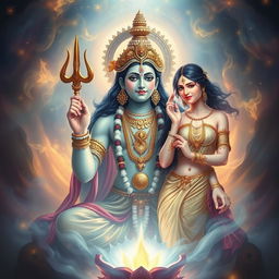 A depiction of a Hindu god in a mystical and divine setting, featuring ethereal surroundings with a celestial atmosphere