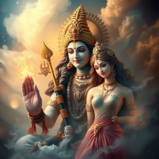 A depiction of a Hindu god in a mystical and divine setting, featuring ethereal surroundings with a celestial atmosphere