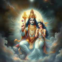 A depiction of a Hindu god in a mystical and divine setting, featuring ethereal surroundings with a celestial atmosphere