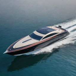 A luxurious and elegant speed boat design that incorporates the distinguished design features, signature colors, and iconic badges of a Cadillac car