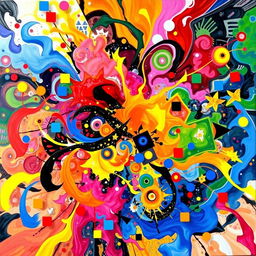 A vibrant and chaotic explosion of colors, forms, and textures that convey the essence of abstract art